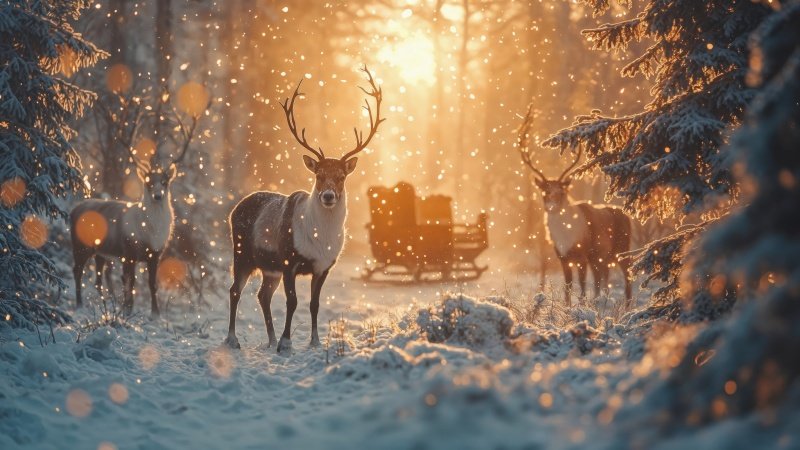 christmas reindeers wallpaper, snowy, cozy cabin, background for desktop wallpaper (horizontal)