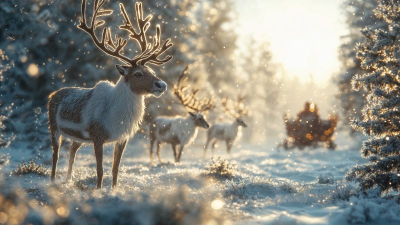 christmas reindeers wallpaper, snowy, festive decorations, background for desktop wallpaper (horizontal)
