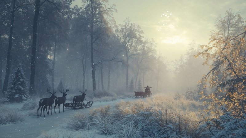 christmas reindeers wallpaper, snowy, snow-covered trees, background for desktop wallpaper (horizontal)