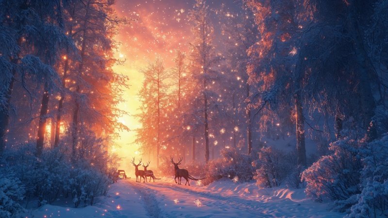 christmas reindeers wallpaper, winter wonderland decorations, cozy cabins, background for desktop wallpaper (horizontal)
