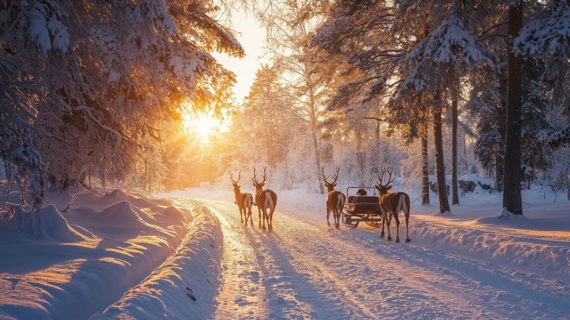 christmas reindeers wallpaper, festive decorations, snow-covered trees, background for desktop wallpaper (horizontal)