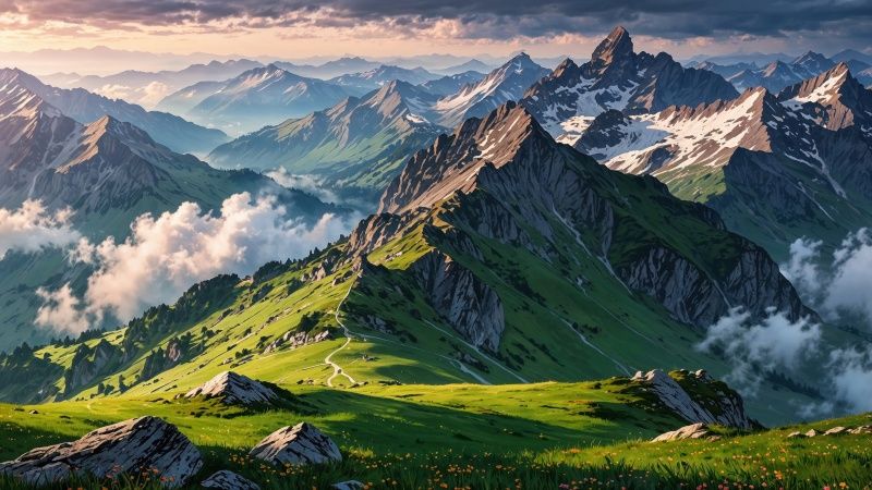 alps wallpaper, mountains, hiking trails, background for desktop wallpaper (horizontal)