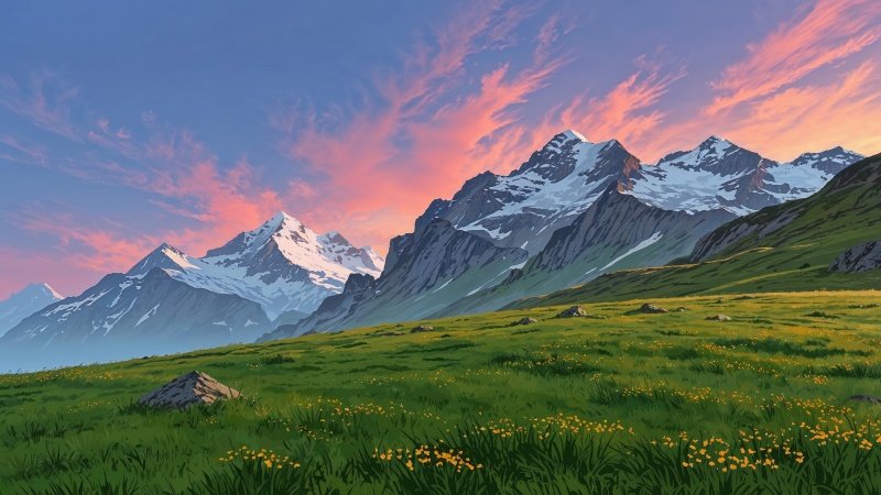 springtime wallpaper, green grass, blooming flowers, background for desktop wallpaper (horizontal)