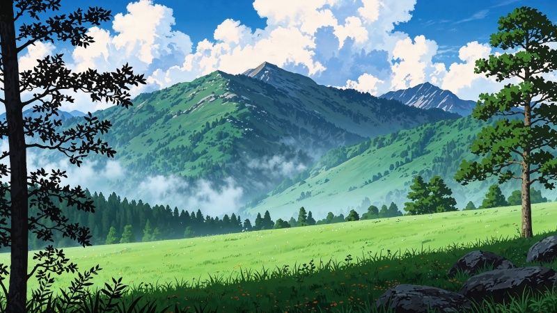 green hills wallpaper, fluffy clouds, nature beauty, background for desktop wallpaper (horizontal)