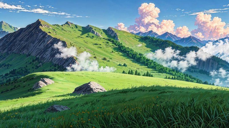 green hills wallpaper, fluffy clouds, clear blue sky, background for desktop wallpaper (horizontal)