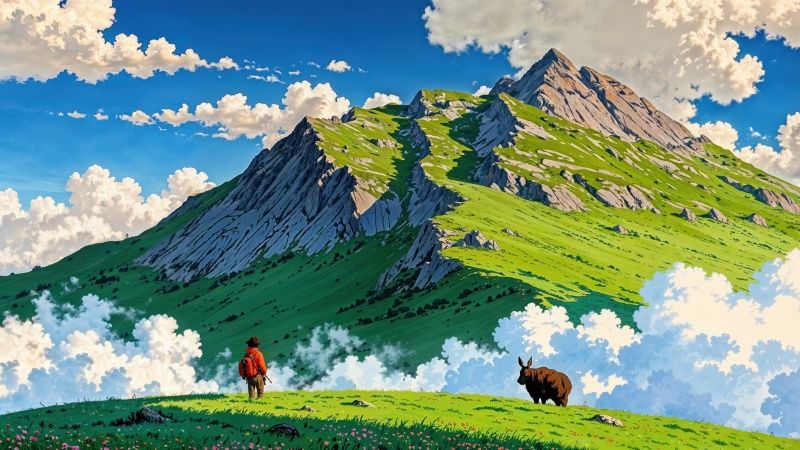 green hills wallpaper, fluffy clouds, springtime, background for desktop wallpaper (horizontal)