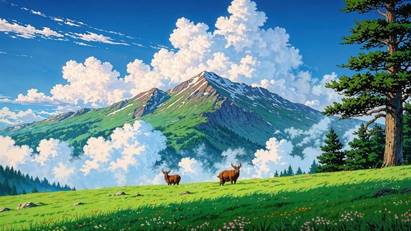 green hills wallpaper, blooming flowers, fresh grass, background for desktop wallpaper (horizontal)