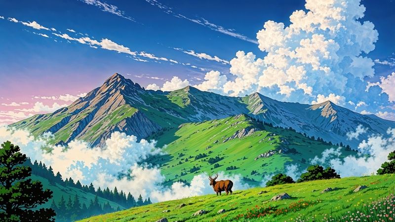 green hills wallpaper, springtime flowers, sunny meadows, background for desktop wallpaper (horizontal)