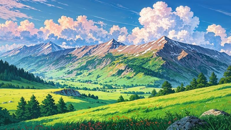 green hills wallpaper, blooming flowers, rolling meadows, background for desktop wallpaper (horizontal)