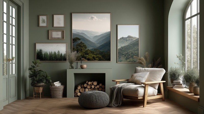 interior design wallpaper, green hue, sustainable interior design, background for desktop wallpaper (horizontal)