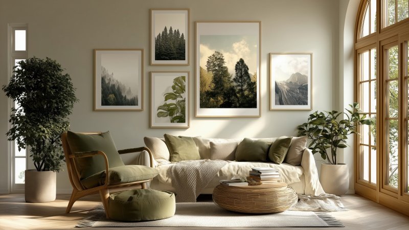 biophilic interior design wallpaper, organic aesthetics, natural light, background for desktop wallpaper (horizontal)