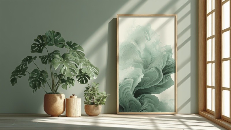 biophilic interior design wallpaper, organic aesthetics, sustainable design, background for desktop wallpaper (horizontal)