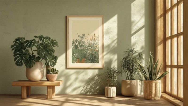 interior design wallpaper, green hue, lush foliage, background for desktop wallpaper (horizontal)