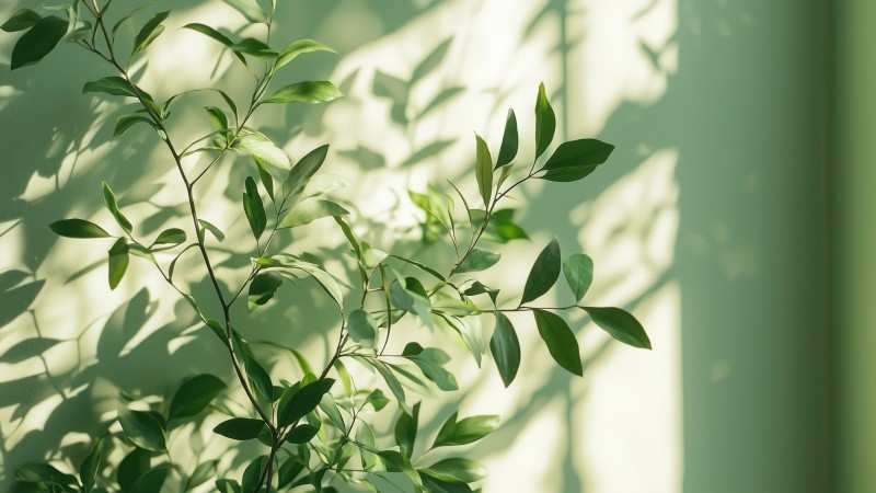 green hue wallpaper, biophilic design, indoor plants, background for desktop wallpaper (horizontal)