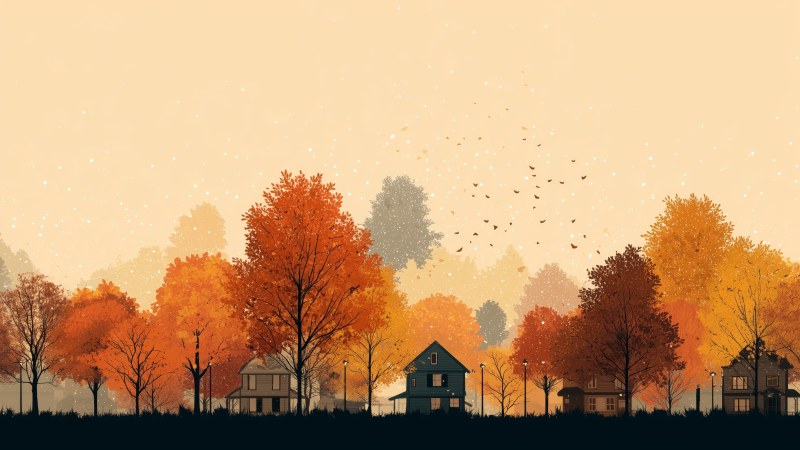 fall landscape wallpaper, cozy town, seasonal change, background for desktop wallpaper (horizontal)