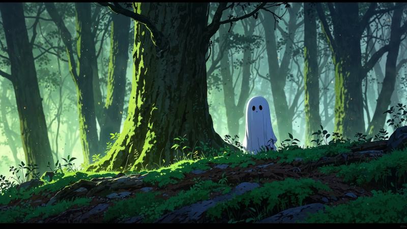halloween ghosts wallpaper, foggy forest, chibi art, background for desktop wallpaper (horizontal)