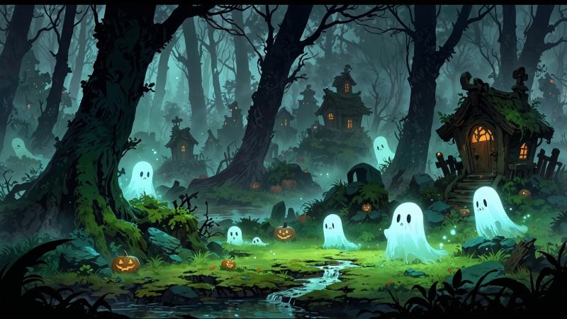 halloween ghosts wallpaper, foggy forest, eerie atmosphere, background for desktop wallpaper (horizontal)