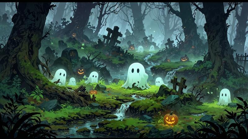 halloween ghosts wallpaper, foggy forest, whimsical creatures, background for desktop wallpaper (horizontal)