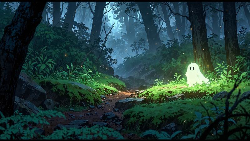 halloween ghosts wallpaper, foggy forest, cute monsters, background for desktop wallpaper (horizontal)