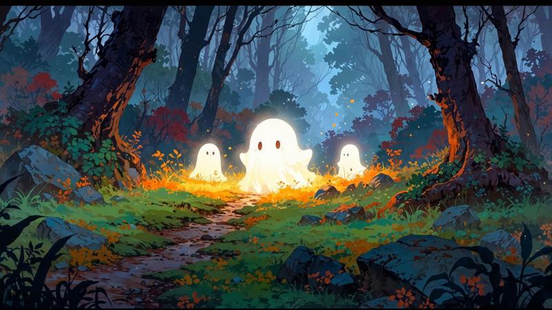 ghosts wallpaper, cute halloween, spooky decor, background for desktop wallpaper (horizontal)