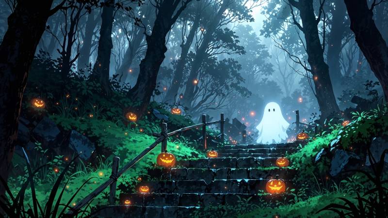 ghosts wallpaper, cute halloween, eerie atmosphere, background for desktop wallpaper (horizontal)