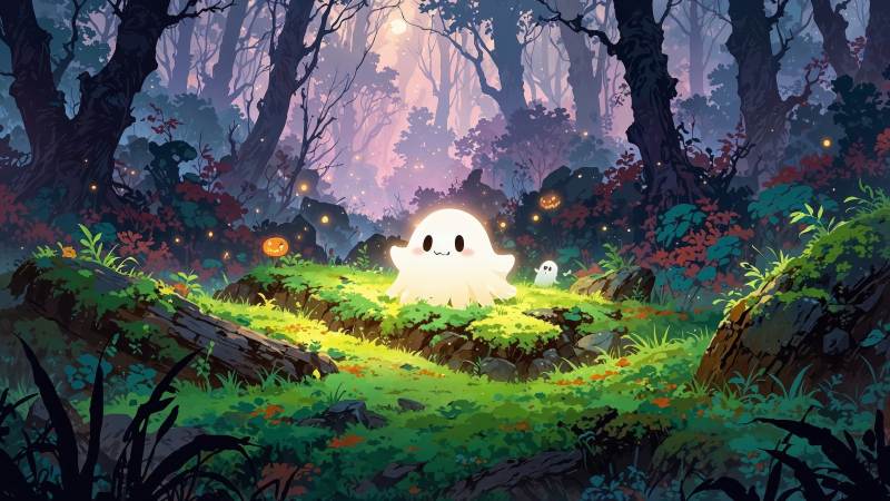 ghosts wallpaper, cute halloween, spooky season, background for desktop wallpaper (horizontal)