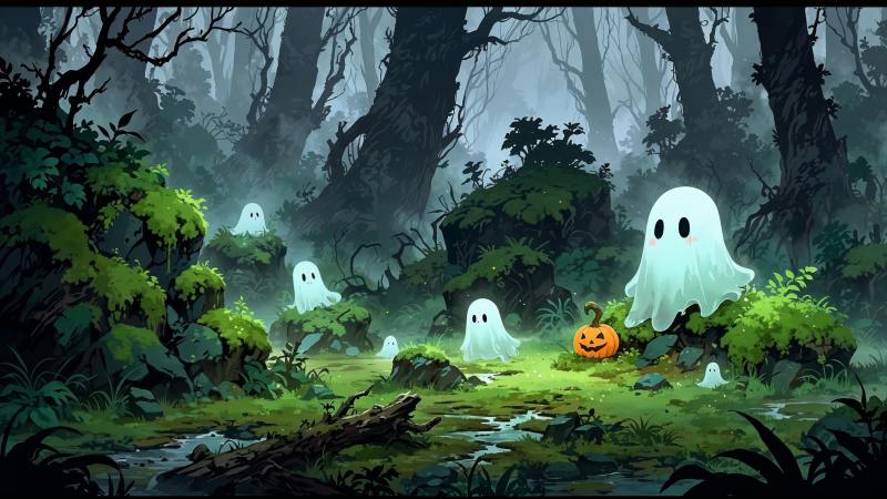 ghosts wallpaper, cute halloween decorations, autumn nights, background for desktop wallpaper (horizontal)