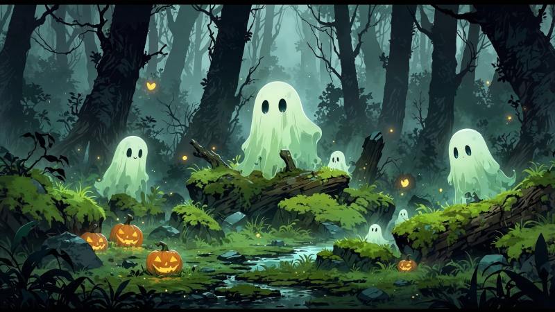 ghosts wallpaper, cute halloween decorations, trick or treat, background for desktop wallpaper (horizontal)