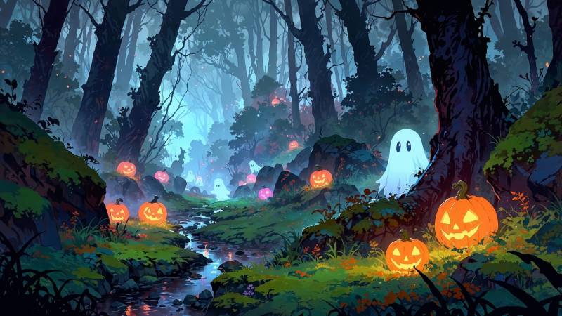 halloween pumpkin wallpaper, spooky decorations, trick or treat, background for desktop wallpaper (horizontal)