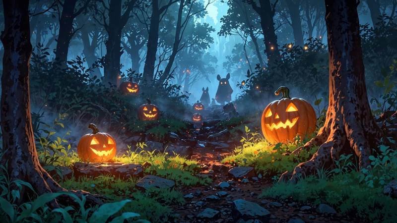 halloween pumpkin wallpaper, spooky decorations, autumn harvest, background for desktop wallpaper (horizontal)