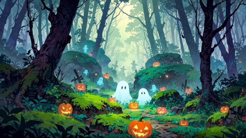 halloween pumpkin wallpaper, spooky decor, haunted house, background for desktop wallpaper (horizontal)