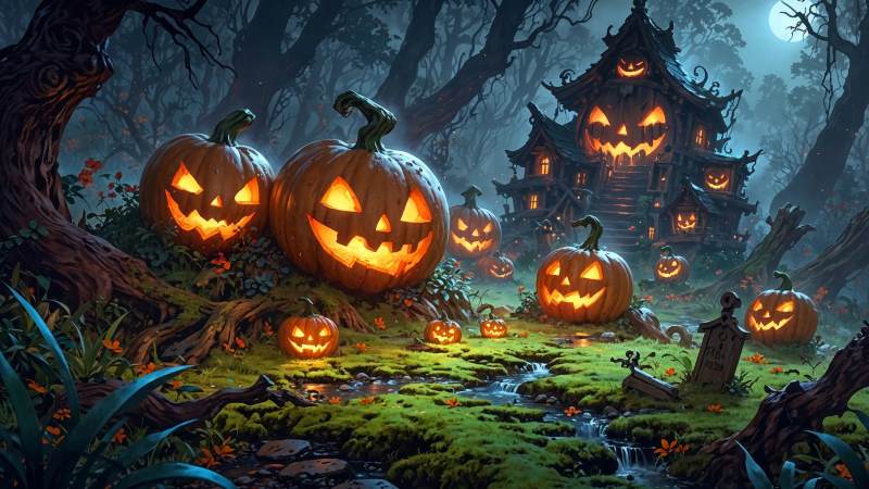 halloween pumpkin wallpaper, spooky decorations, festive lanterns, background for desktop wallpaper (horizontal)