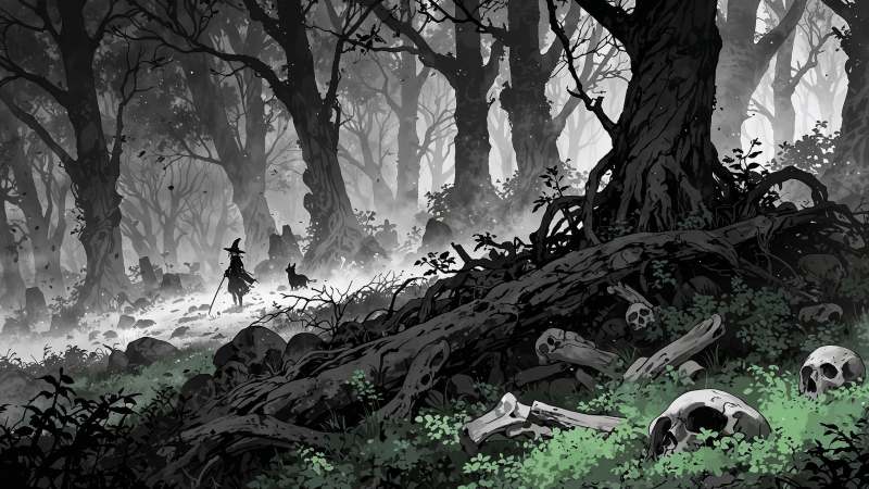 bone pile wallpaper, creepy landscape, skeletal remains, background for desktop wallpaper (horizontal)