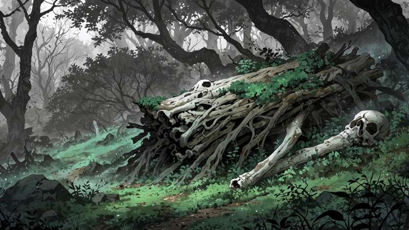 bone pile wallpaper, creepy landscape, haunted woods, background for desktop wallpaper (horizontal)