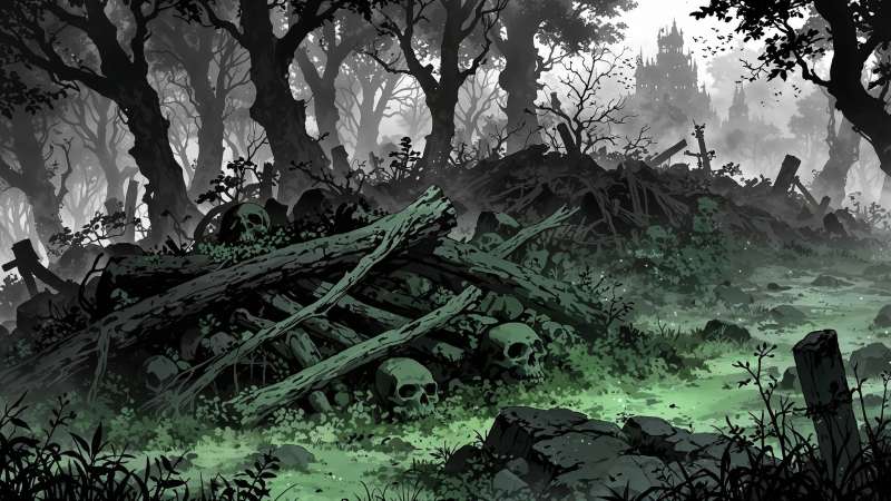 bone pile wallpaper, creepy landscape, eerie forest, background for desktop wallpaper (horizontal)