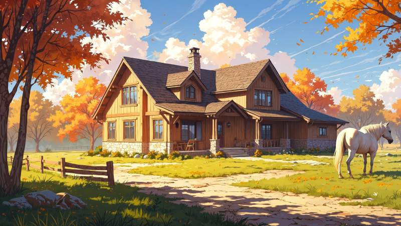 modern farmhouse wallpaper, autumn house, farmhouse style, background for desktop wallpaper (horizontal)