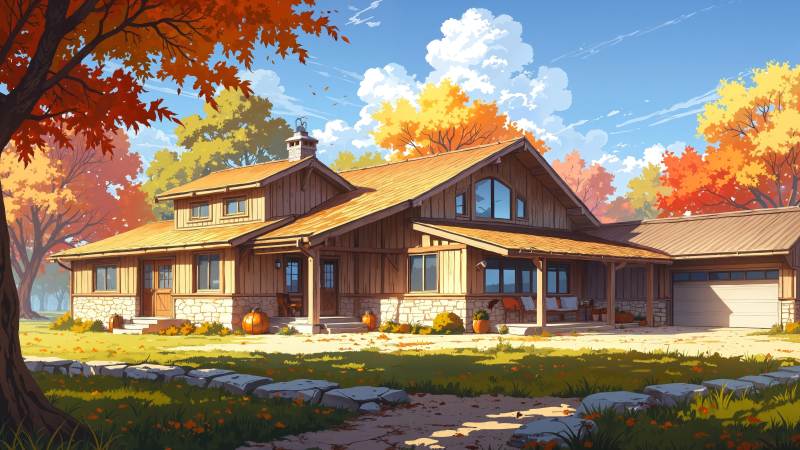 modern farmhouse wallpaper, autumn house, fall aesthetics, background for desktop wallpaper (horizontal)