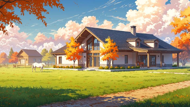 modern farmhouse wallpaper, autumn house, country living, background for desktop wallpaper (horizontal)