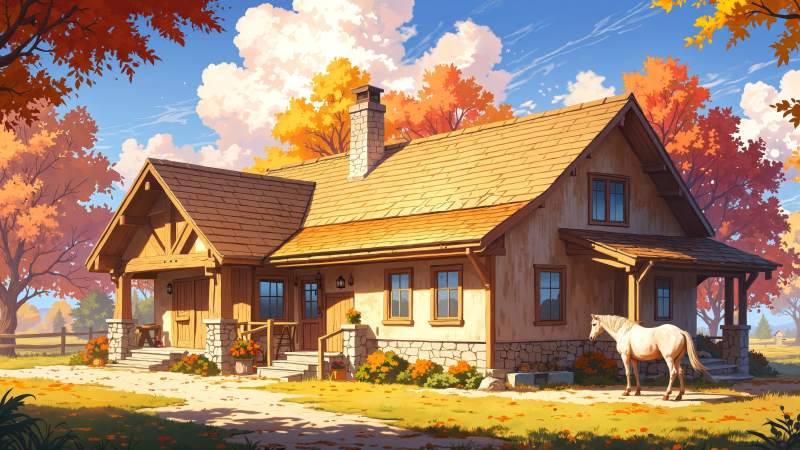 modern farmhouse wallpaper, autumn house, farmhouse interior, background for desktop wallpaper (horizontal)