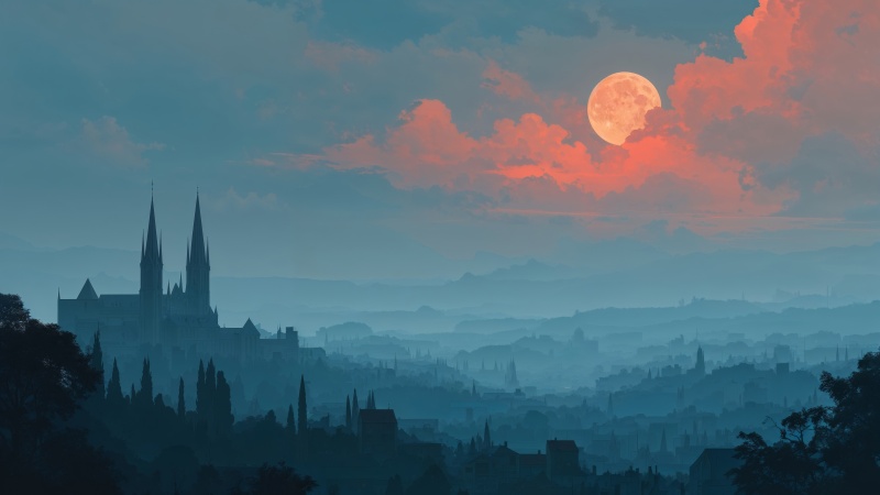 gothic wallpaper, haunted night, mysterious fog, background for desktop wallpaper (horizontal)