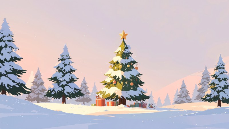 cozy fireplace wallpaper, pine tree forest, festive lights, background for desktop wallpaper (horizontal)