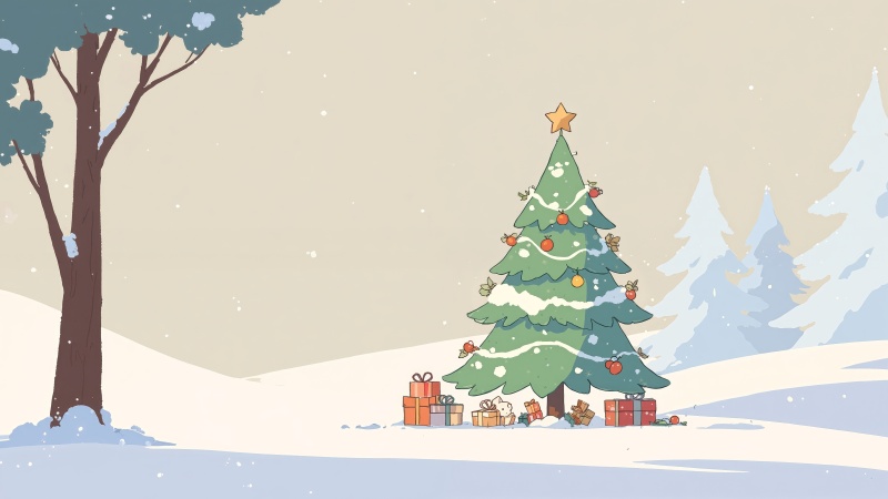 december festivities wallpaper, cozy fireplace, snow-covered pine tree, background for desktop wallpaper (horizontal)