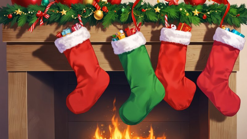 stocking wallpaper, stuffers, christmas treats, background for desktop wallpaper (horizontal)