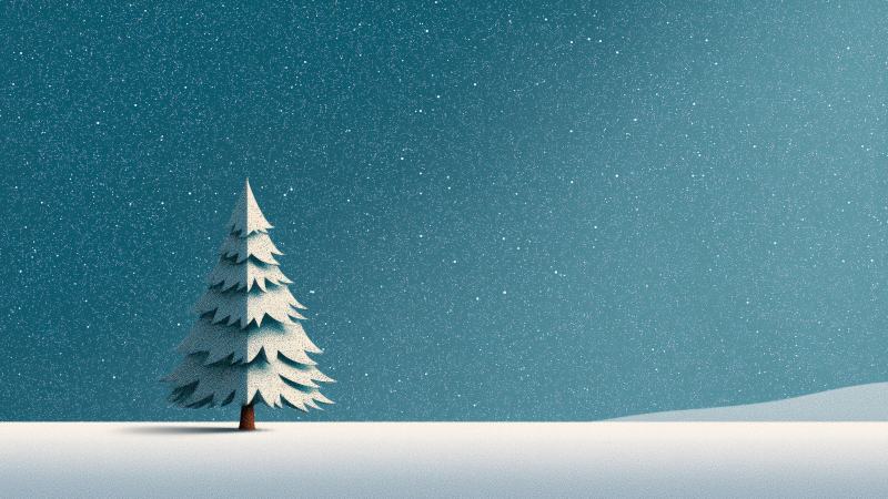 holiday tree wallpaper, snow-dusted, minimalist christmas decor, background for desktop wallpaper (horizontal)