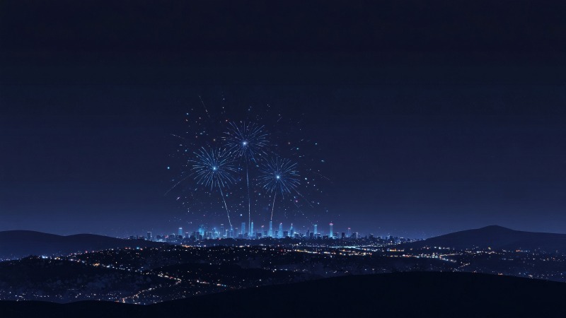 new years eve wallpaper, city skyline, festive celebrations, background for desktop wallpaper (horizontal)