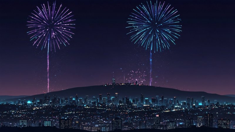 new years eve wallpaper, fireworks display, skyline view, background for desktop wallpaper (horizontal)