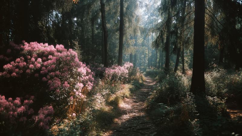 forest photography wallpaper, hiking trail, earthy tones, background for desktop wallpaper (horizontal)