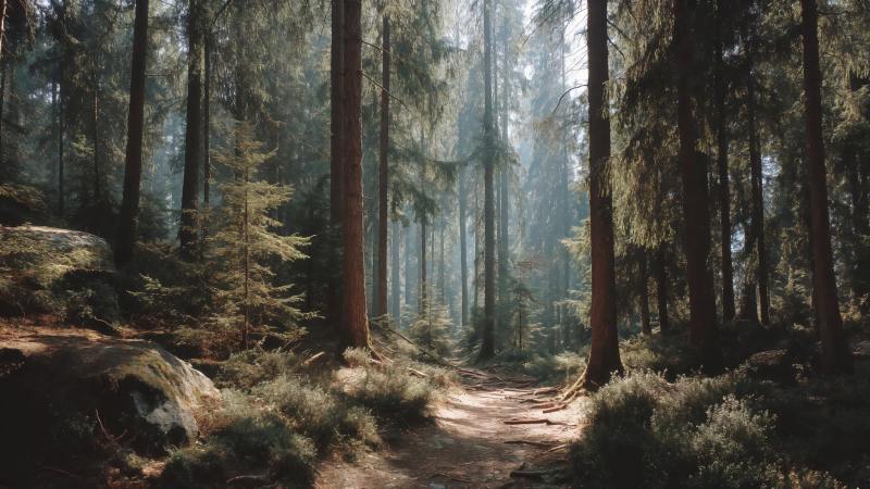 sunlight through trees wallpaper, forest path, trail, background for desktop wallpaper (horizontal)