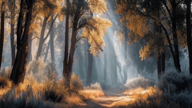 glowing trees wallpaper, warm hues, autumn forest, background for desktop wallpaper (horizontal)