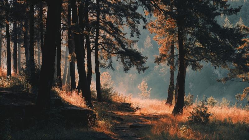 golden hour light wallpaper, warm hues, woodland scenery, background for desktop wallpaper (horizontal)